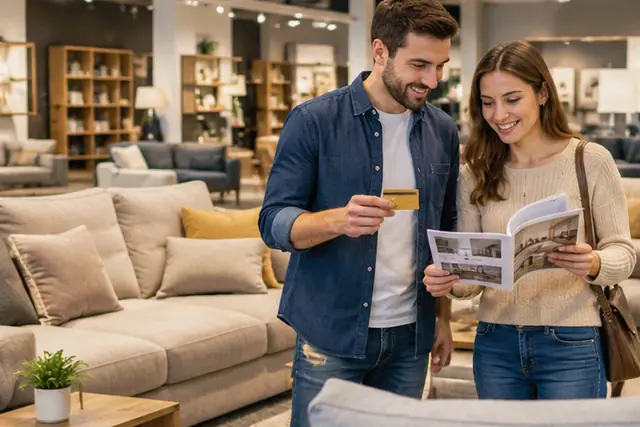 Carte BUT Cpay Mastercard posée sur un canapé en magasin