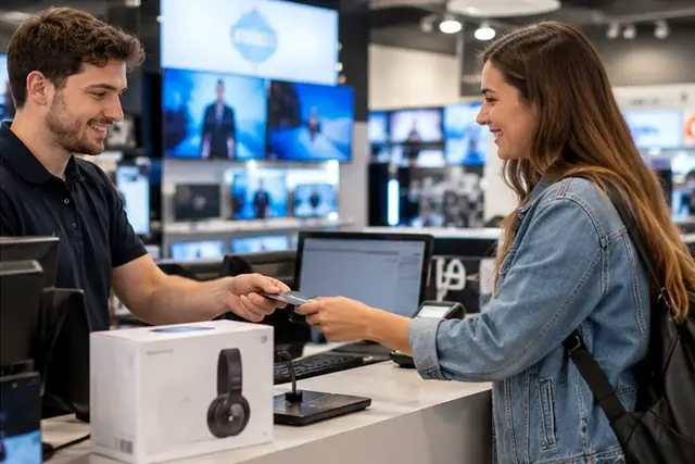 Canapé de salon dans un magasin Conforama avec une carte Mastercard au premier plan