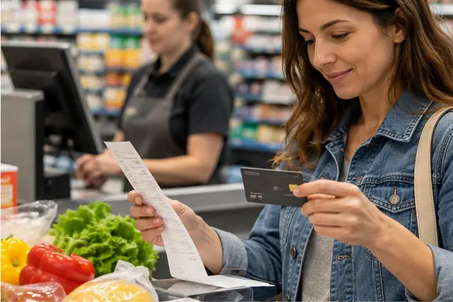 Carte Cpay et facture de magasin posées sur une table en Guadeloupe