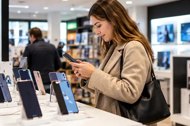 Chambre meublée avec lit, table de chevet et luminaire dans un magasin de mobilier