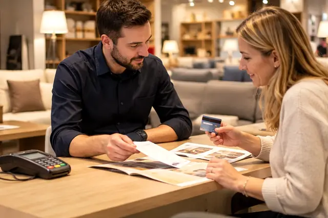 Calendrier mensuel avec une date de prélèvement entourée près d’une carte de magasin
