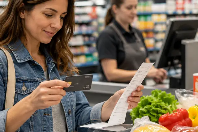 Contrat de crédit et calculatrice posés à côté d'une carte de magasin