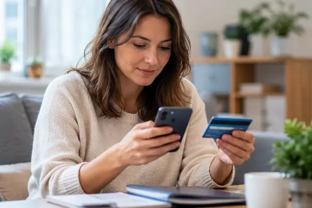 Échéancier de mensualités posé à côté d’une carte de paiement et d’un smartphone
