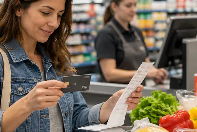 Cadeaux de Noël posés près d’une carte de magasin et d’une calculatrice