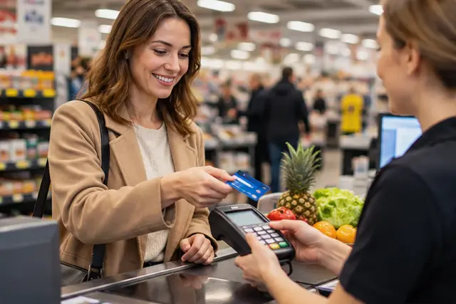 Carte bancaire multi-enseigne posée sur un ticket de caisse et une calculatrice